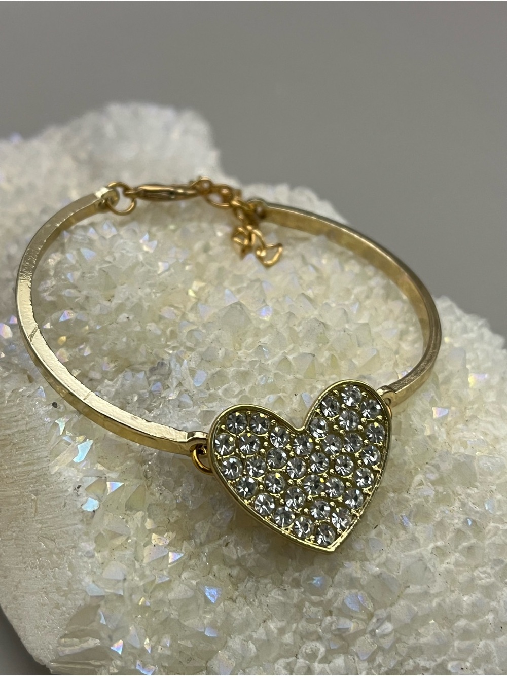 Gold Tone Pave Crystal Heart Bangle Bracelet | Rhinestone Love Heart Cuff